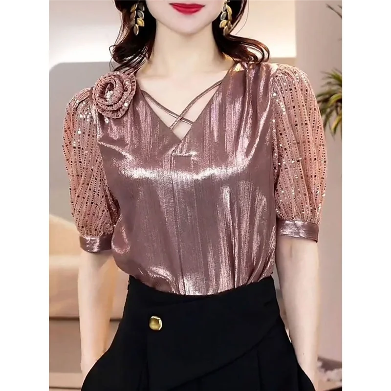 

Elegant V-Neck 5/8 Sleeve Shirt Luxury 3D Decoration Versatile Fashionable Summer New Arrival Women's Premium Quality Shirt