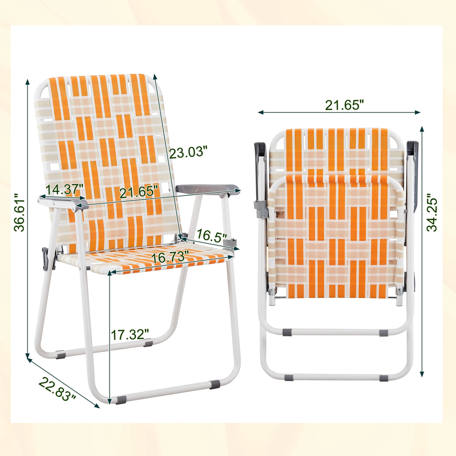 

Set of 2 Webbed Folding Beach Chairs, Outdoor Patio Lawn Foldable Chairs for Camping Fishing Yard Poolside BBQ, Orange & White