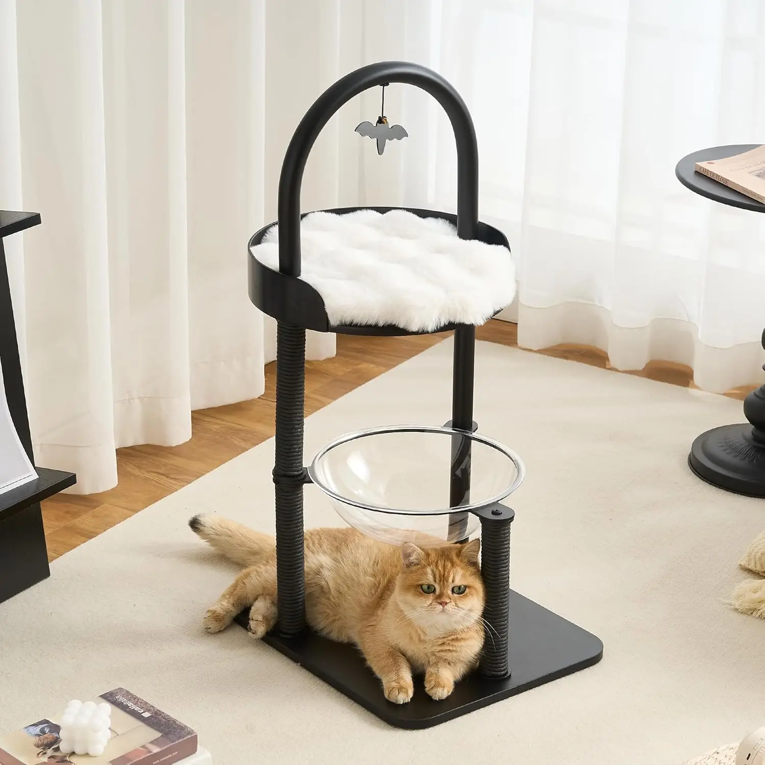 

Modern Cat Tree, Wood Cat Tower with Steel Frame, Scratching Posts, Cat Capsule, Plush Mat, Dangling Toy, Aesthetic