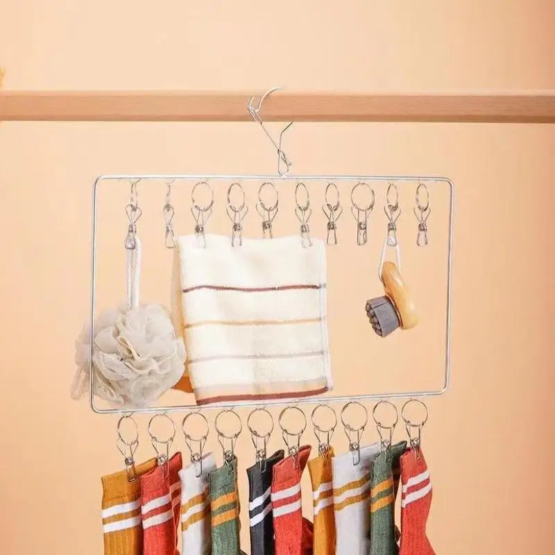Portable 2 Tier Stainless Steel Clothes Drying Rack 20 Clips Foldable Hanger for Travel Hat Pant Sock Small Space Use