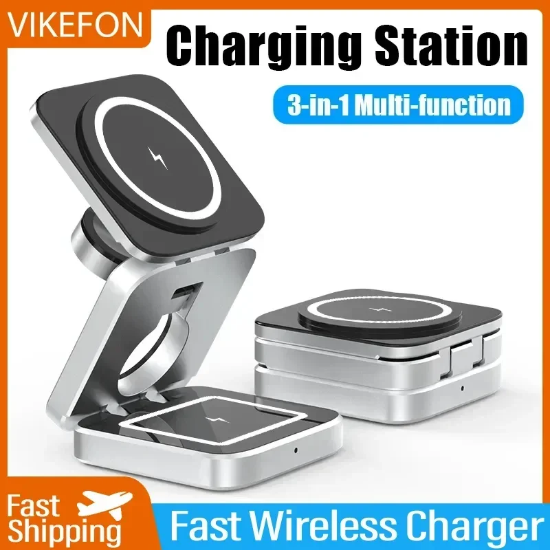 Vikefon-折りたたみ式磁気ワイヤレス充電器,急速充電スタンド,ドッキングステーション,iPhone 16-12 pro,iwatch,airpods 3,2,3 in 1