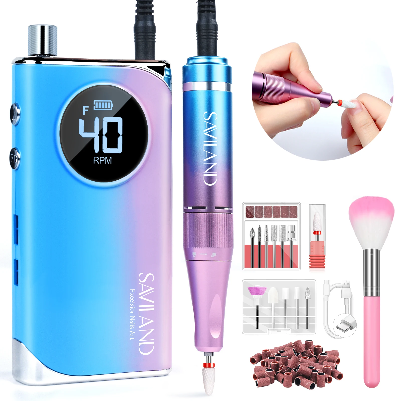 

Профессиональная электрическая дрель для ногтей SAVILAND 40000 об/мин, портативная, перезаряжаемая, с маникюрным набором для салона и домашнего использования, принадлежности для педикюра