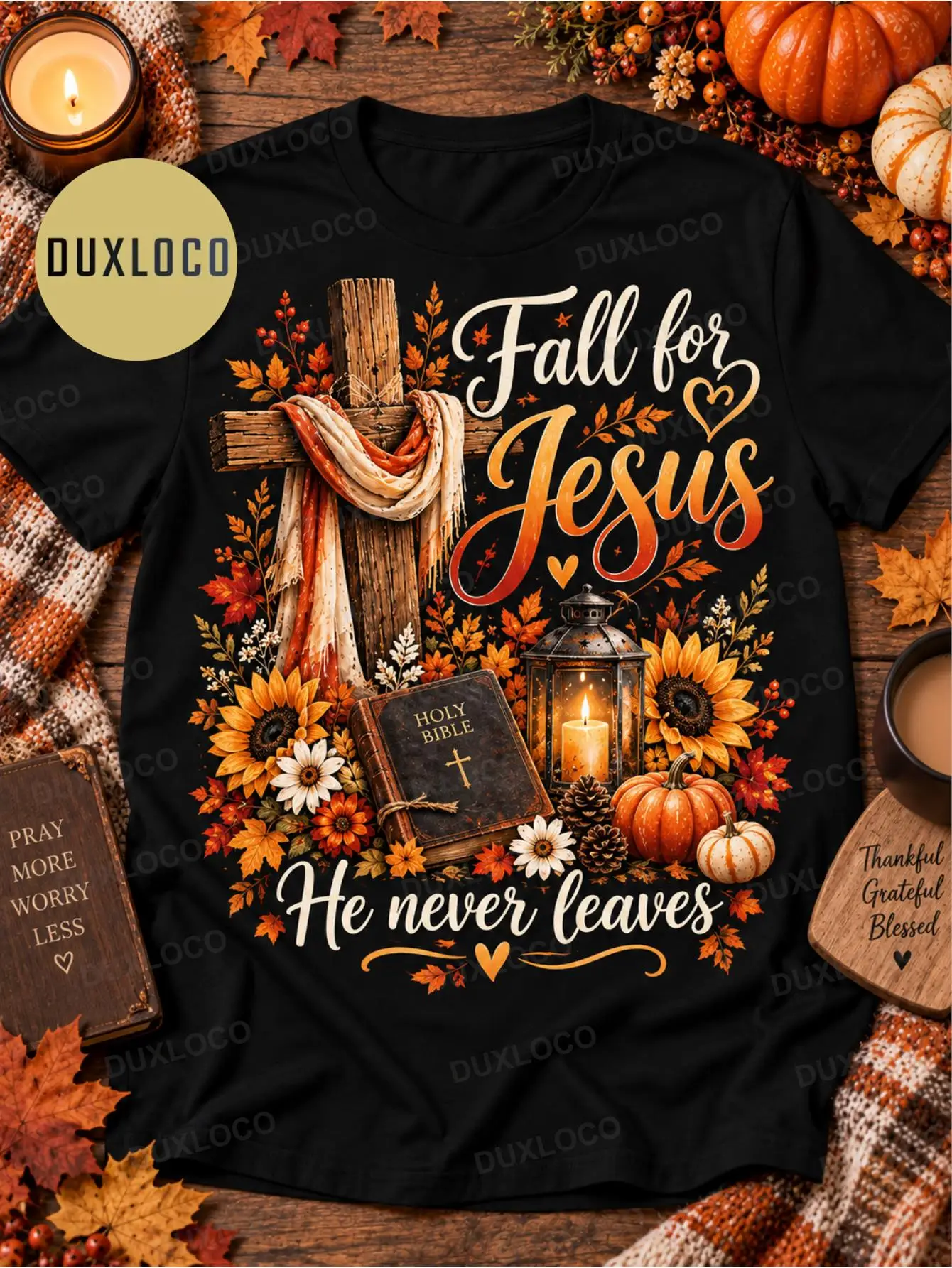 1pc Men'S And Women'S Fall for Jesus He Never Leaves Leaves Autumn Christian T-Shirt Casual Crew Neck Tee Regular Fit Short Sleeves for Fall Halloween All Seasons Perfect Gift Retro Printed 180G 100%