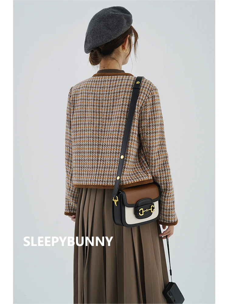 Jaket Pendek Kotak-kotak Elegan Antik Pakaian Luar Wol Musim Dingin Wanita Mantel Leher Bulat Houndstooth Mantel Chic Hangat Retro Kasual Wanita