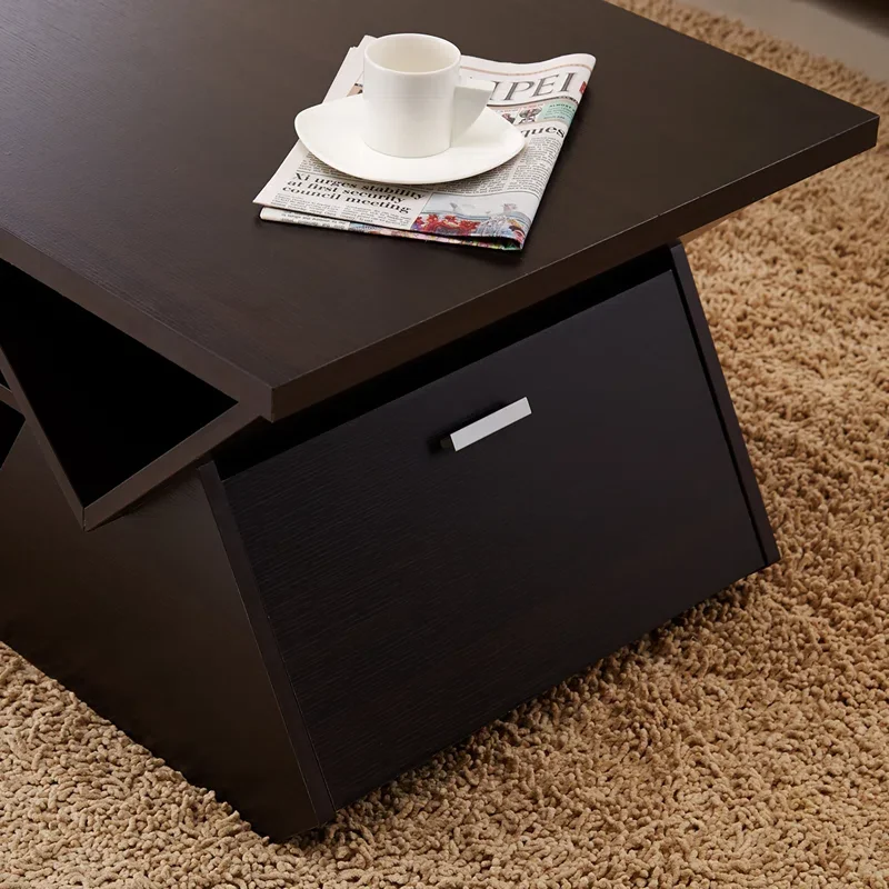 Mesa de café contemporânea armazenamento com várias prateleiras abertas e 2 compartimentos drop down, mesa central para sala de estar