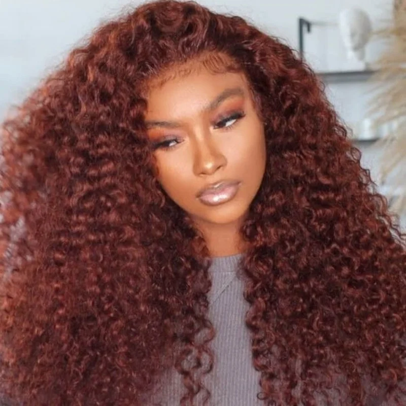 

13X4 Reddish Brown Curly Lace Front Wigs Deep Wave Frontal Wig Brazilian Colored Human Hair Wigs Pre Plucked Hairline