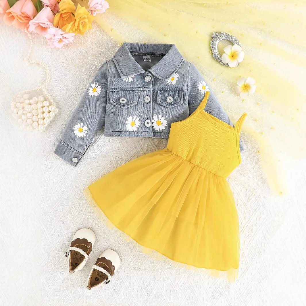 2024 New Winter Children Sets Long Sleeve Print Daisy Jacket Yellow Dress 2 Pcs Infantil Menina Clothes Sets 6M-3T