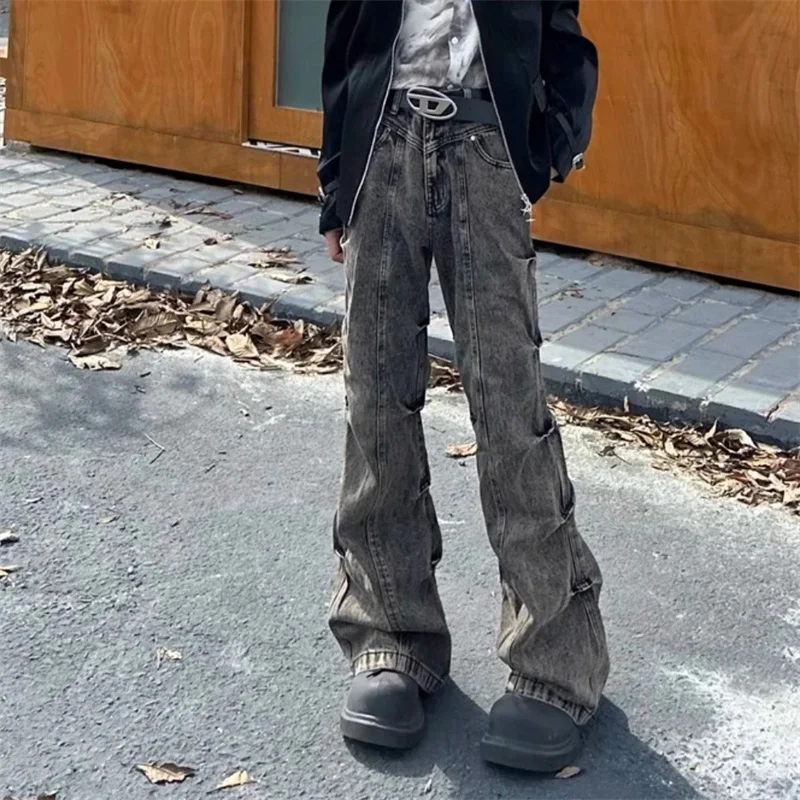 Style High Street Vintage Feng Shui Washed Wrinkled Slightly Flared Jeans men European and American Wide Leg Pants Trendy Pants