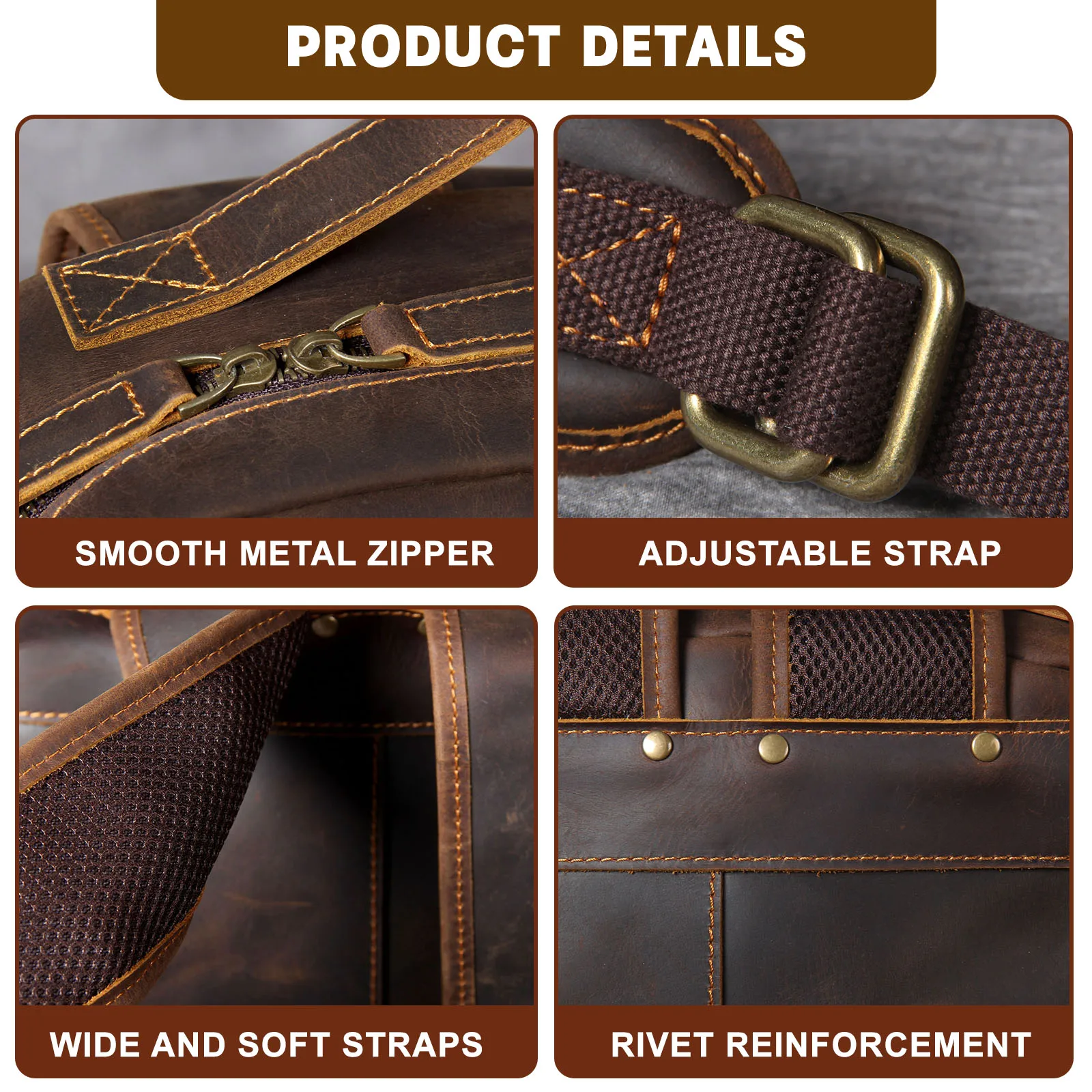 S.WORKER Vintage Echtleder-Rucksack Laptop-Tasche Crazy-Horse-Leder Schultasche Outdoor-Reise-Weekender-Schultertasche – Detail 10