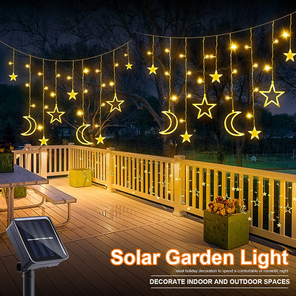 

Solar Icicle Lights LED Outdoor Waterproof Moons Stars Curtain Window String with 8 Modes Warm White Hanging Decor for Patio