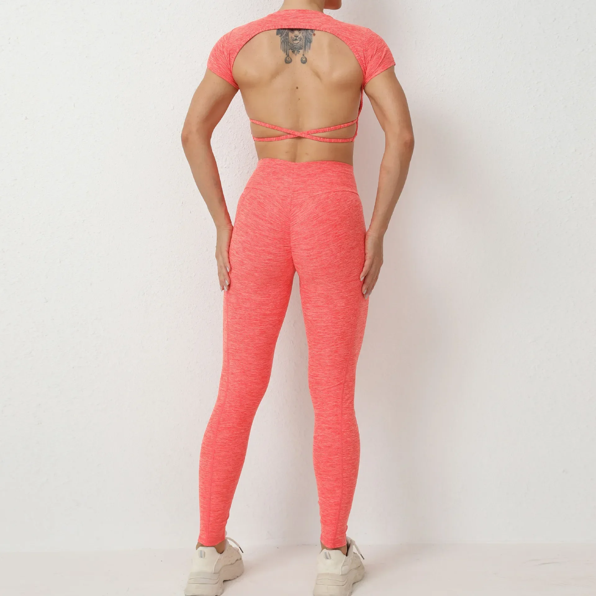 Conjunto de mallas deportivas con espalda descubierta para mujer, traje de gimnasio Sexy, chándal de manga corta para Fitness, ropa de Yoga rosa