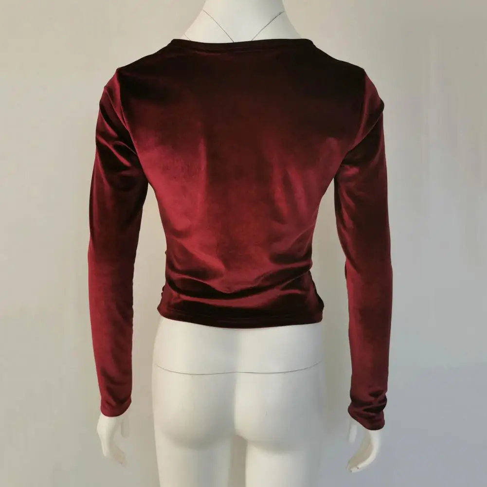 Charming Crop Blouse  Close-Fitting Elastic Pullover Top  Solid Color Autumn Navel Exposed Slim Short Tops