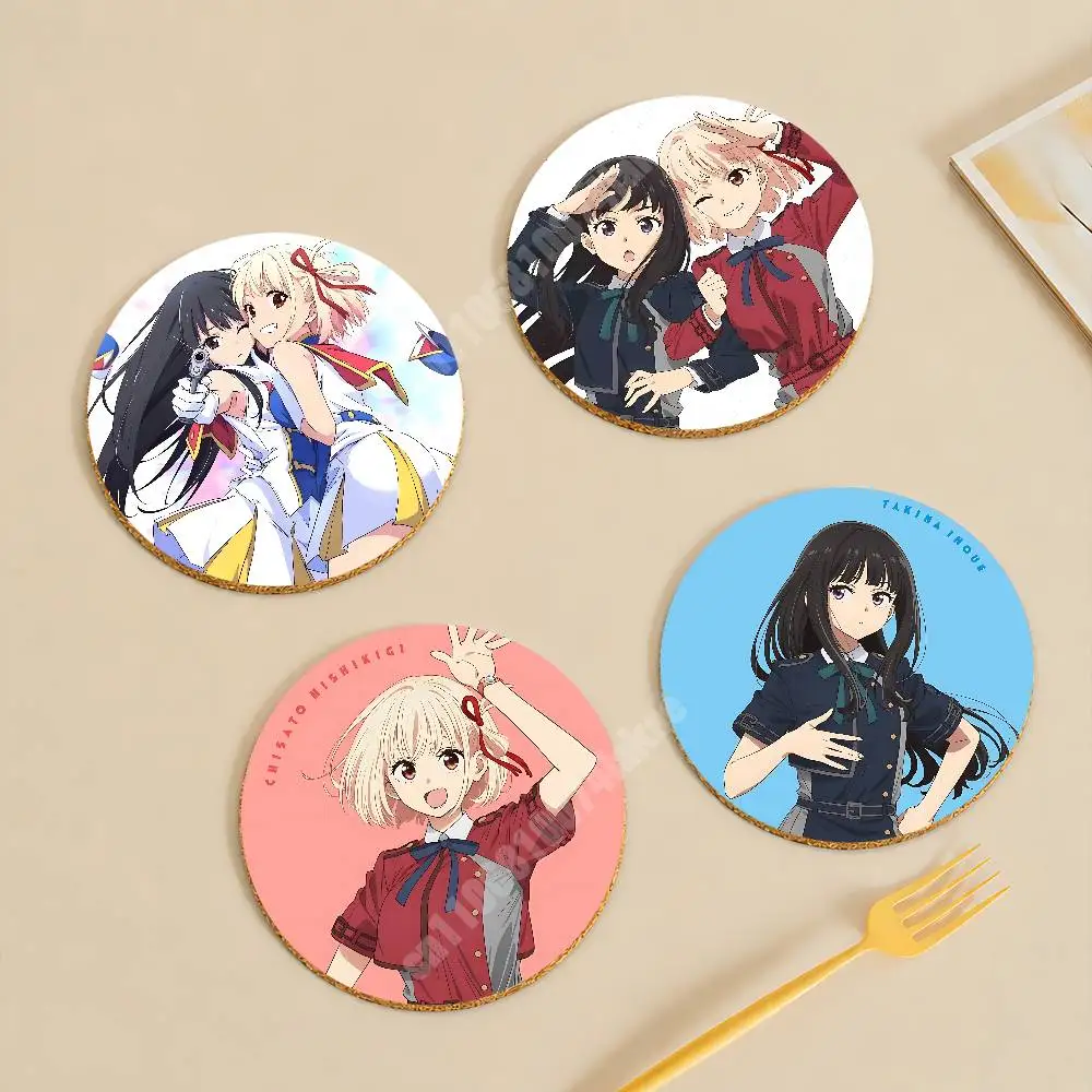 L-Lycoris R-Recoil Lily Chisato & Takina Wooden Cup Mat Cappuccino Vodka Juice Water Coaster for Flower Shop