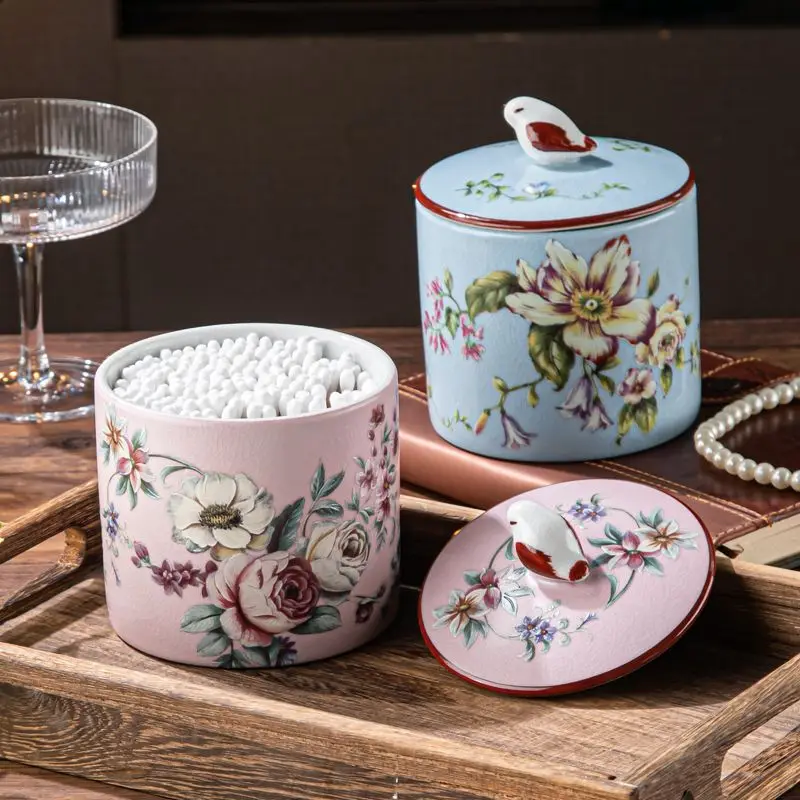 Creative Ceramic Rabbit Cotton Swab Box with Painted Flowers Toothpick Holder Bathroom Cotton Swab Box Desktop Candy Jar Gifts