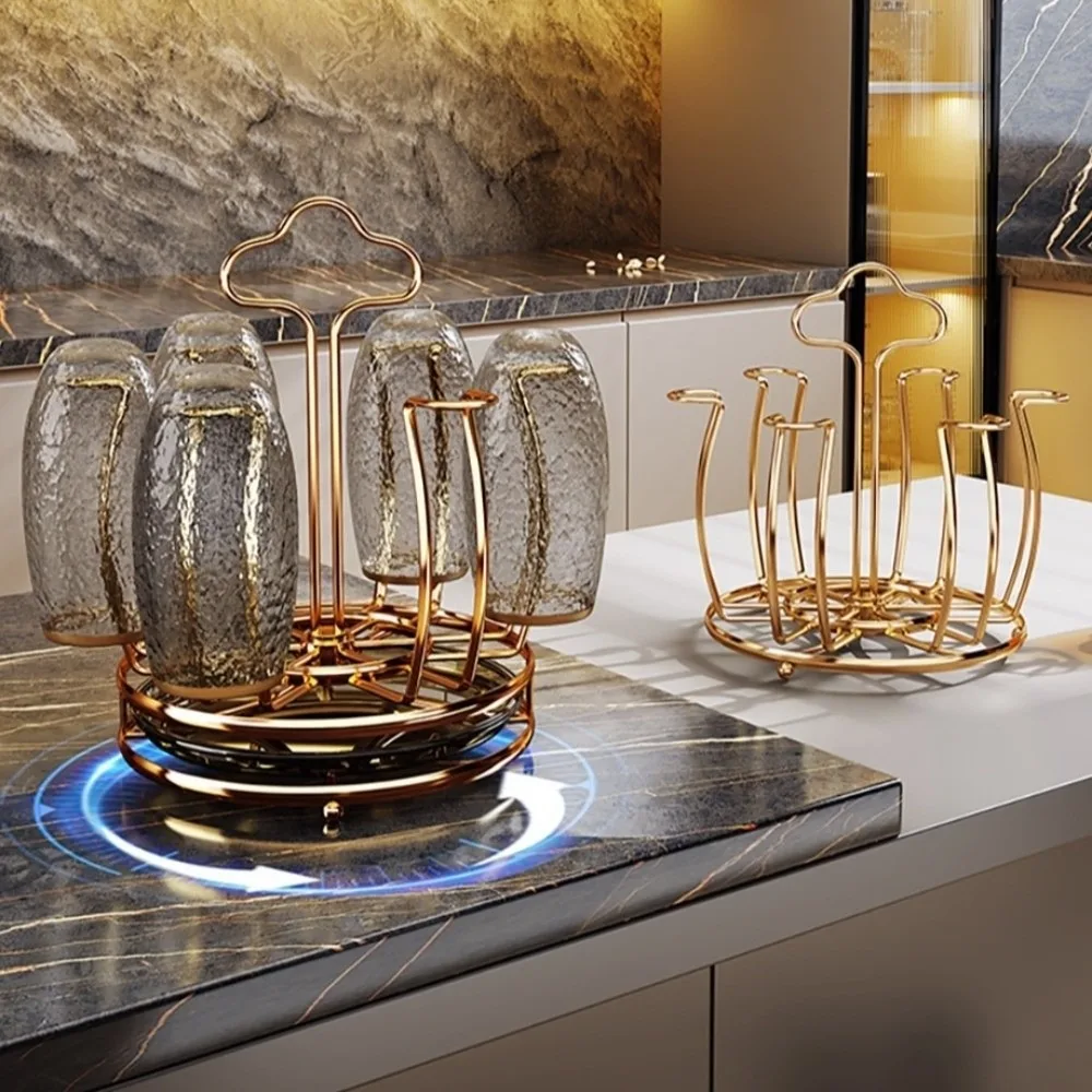 Gold Cup Holder with Water Drain Tray 360° Rotation Space Saving Mug&Cup Organizer Large Capacity Display Glass Cup Storage Rack