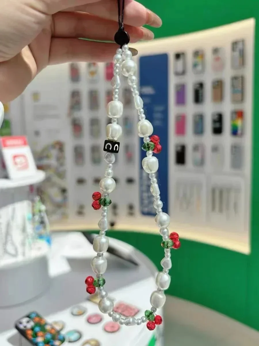 Cherry Beads Chain Lanyard Short Bracelet Mirror Magnetic Phone Case Cover for IPhone 11 12 13 14 15 16 Pro Max Case