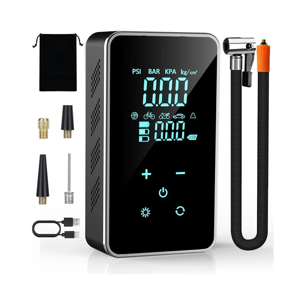 Full Screen Display Tire Inflator Latest 150 psi Rechargeable Air Compressor 12v Cable USB Charging Cable Auto Stop Mini