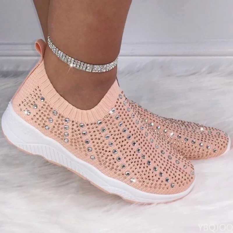 Knit Mesh Crystal Sneakers Women Comfortable Breathable Flats Shoes for Women 2022 Slip on Plus Size Casual Shoes Female