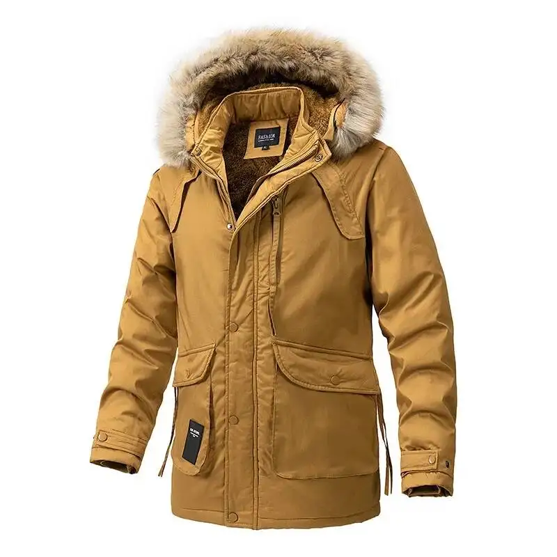 

Men's Winter Long Cotton Jacket Hood Outdoor Warmth Fleece Pocket Middle-Length Coat With Fur Collar Casual Loose Fit