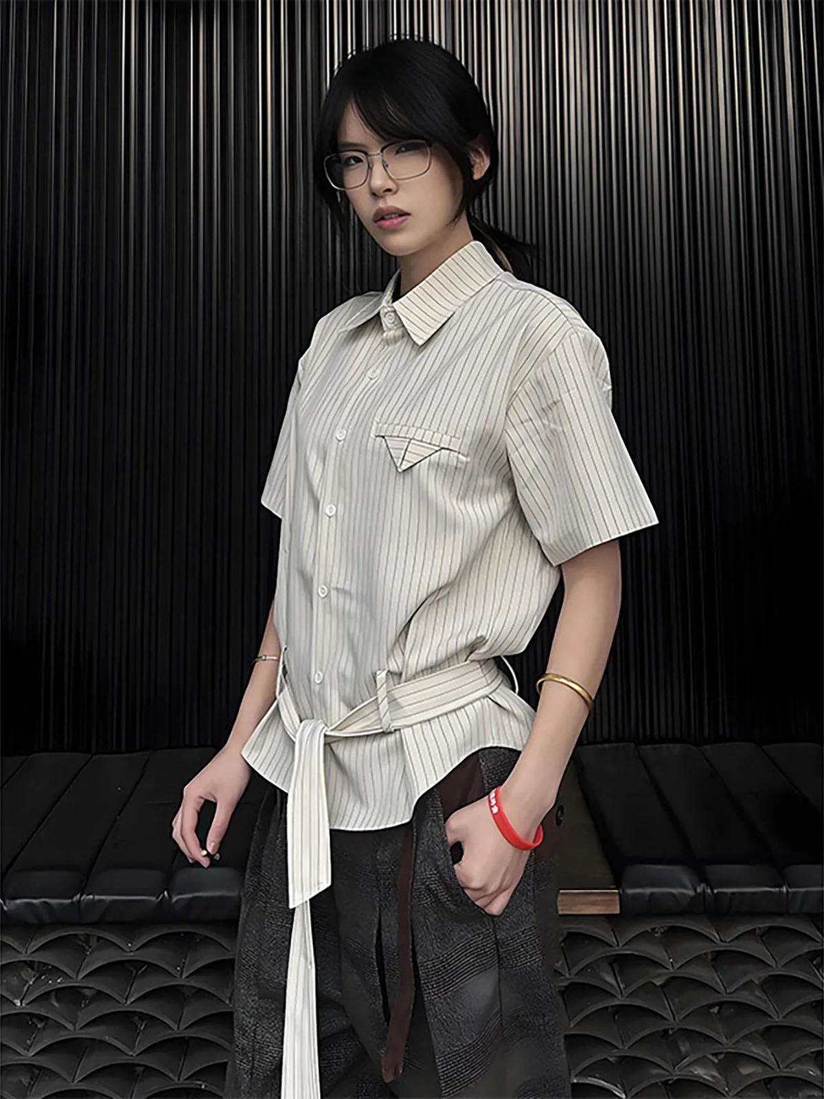 

Fashionable Patchwork Stripe Short Sleeve Shirt Men's BF Summer Tie Belted Collar Casual Anti-Wrinkle Half Sleeve Shirt