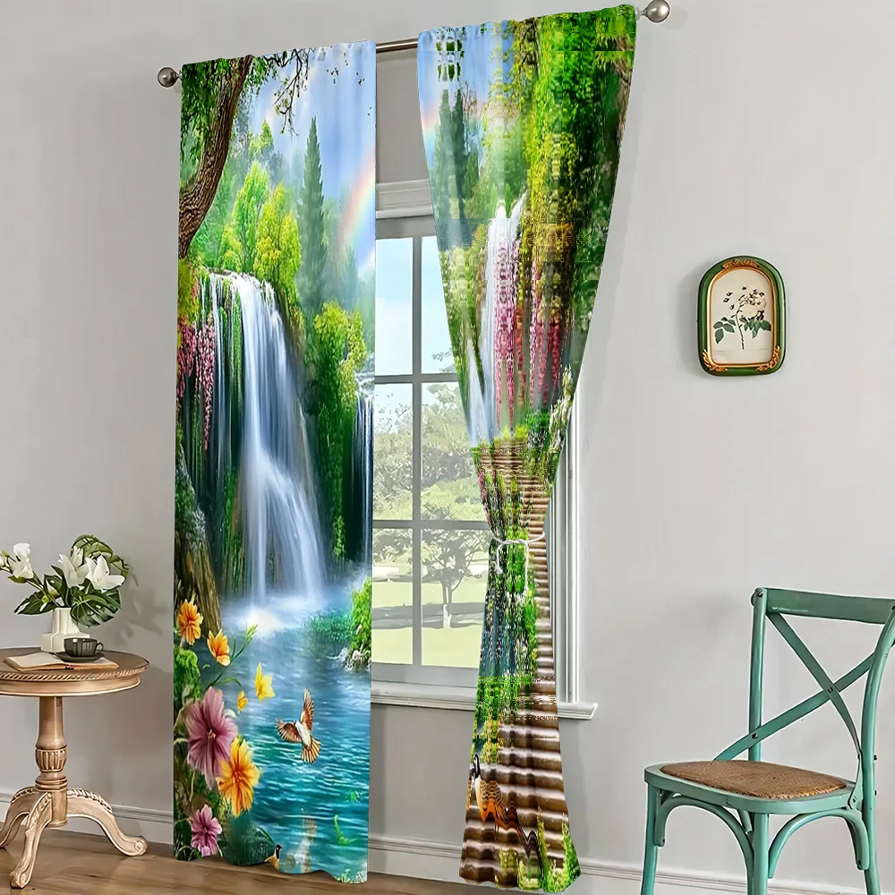 2Pc Forest Scenery Pattern Curtains, Rod Pocket Decorative Window Drapes, Window Treatments For Bedroom Living Room, Home