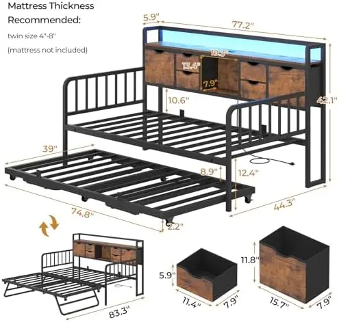 Twin Daybed with Pop-UpTrundle & Storage Headboard, Vintage Brown | Led Lights, Charging Station, Height Adjustable