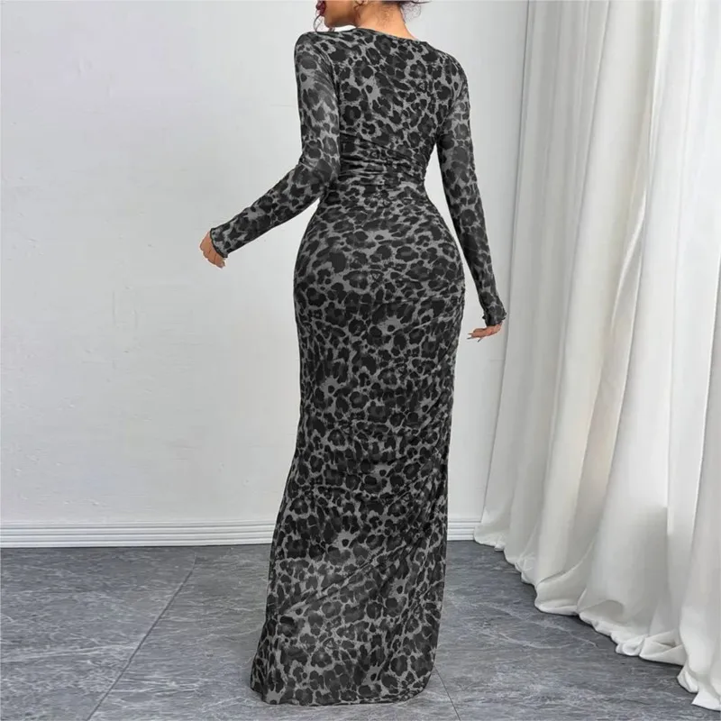 Elegant Leopard Print Fashionable Slim Fit Long Sleeved Dress Women Sexy Waist Cinched Mesh Casual Round Neck Long Dress