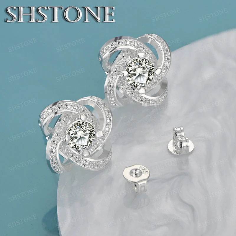 925 Sterling Silver AAA Zircon Rotate Flower Stud Earring For Women Bridal Wedding Luxury Brand Design Fashion Party Jewelry