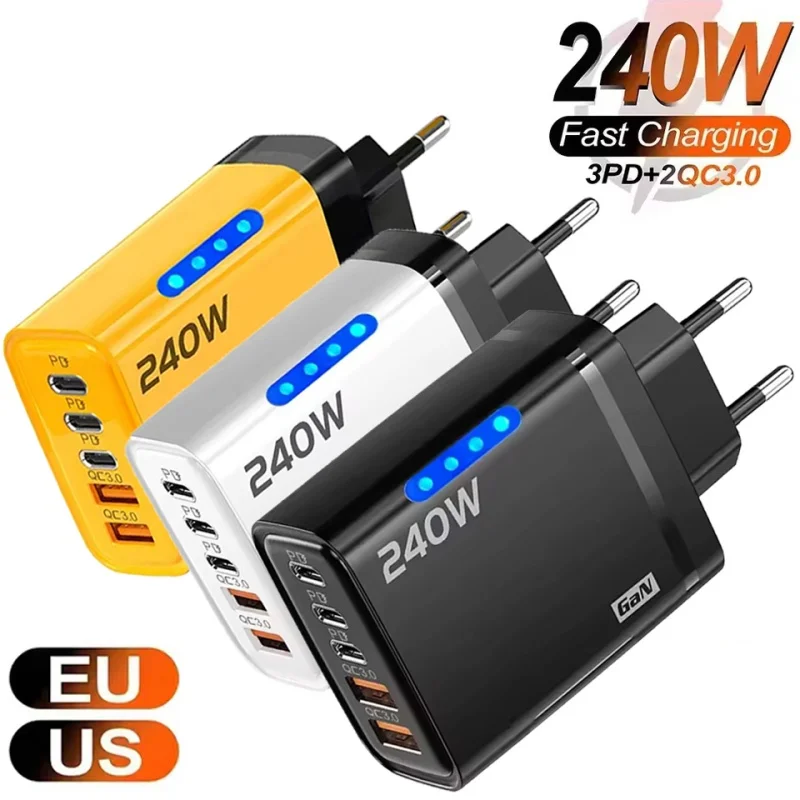 240W GaN 5 in 1 고속 충전 휴대폰 충전기 USB C 충전기 전원 어댑터 타입 C EU/US 플러그 벽면 충전기 (아이폰, 삼성, 샤오미용)