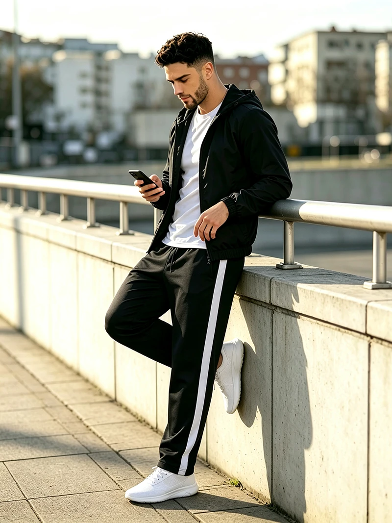 Herren-Freizeithose für Frühling/Herbst, gerader Schnitt, Seitenstreifen, elastischer Bund mit Kordelzug, Reißverschluss am Knöchel, normale Passform, für den täglichen Sport- und Freizeitgebrauch – Detail 14