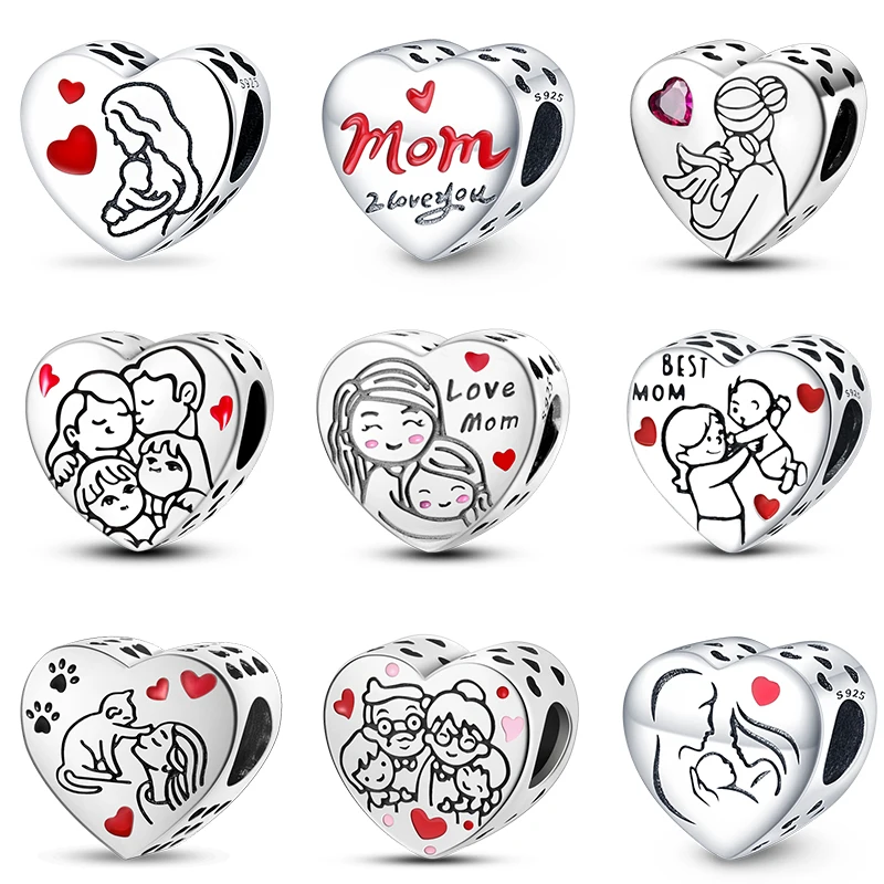 925 Silver Color Heart Shaped Dad and Mom Warm Family Charms Beads Fit Qikaola Original Bracelets DIY Mother's Day Jewelry Gifts