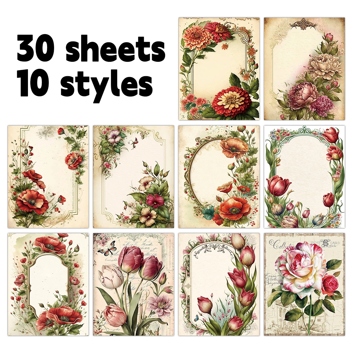 30pcs Vintage Floral Scrapbook Paper Pad Retro-Themed Decorative Materials for Planner,Bullet Journaling,Junk Journal,DIY Crafts