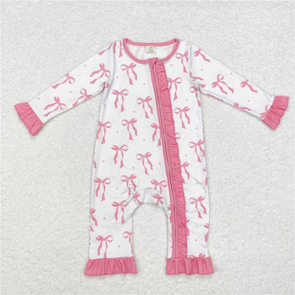 

Baby Infant Girls Pink Bows Ruffle Bamboo Zip Romper for Long Sleeves Pink Bow Zipper Romper Comfortable Baby Outfit