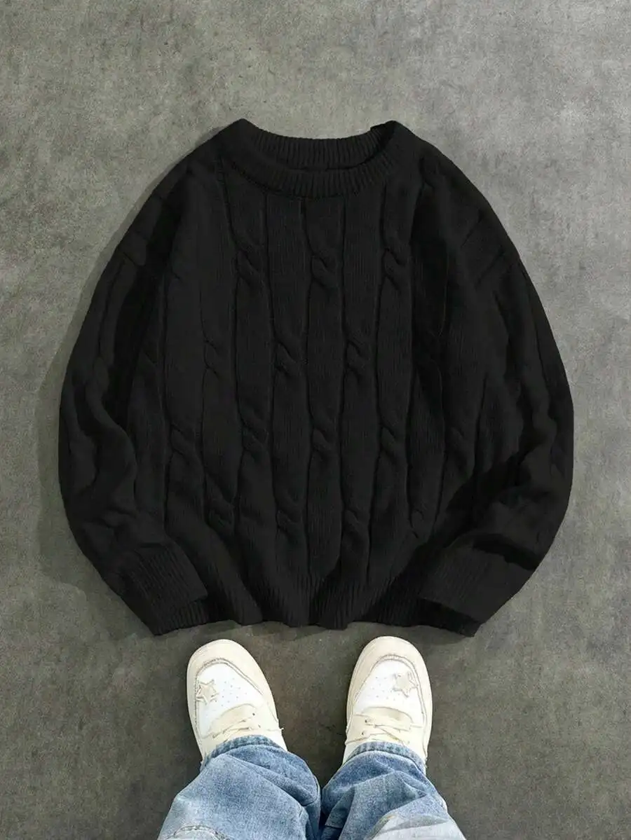 Men's Crew Neck Cable Knit Pullover Sweater, Solid Color, Casual Winter Wear