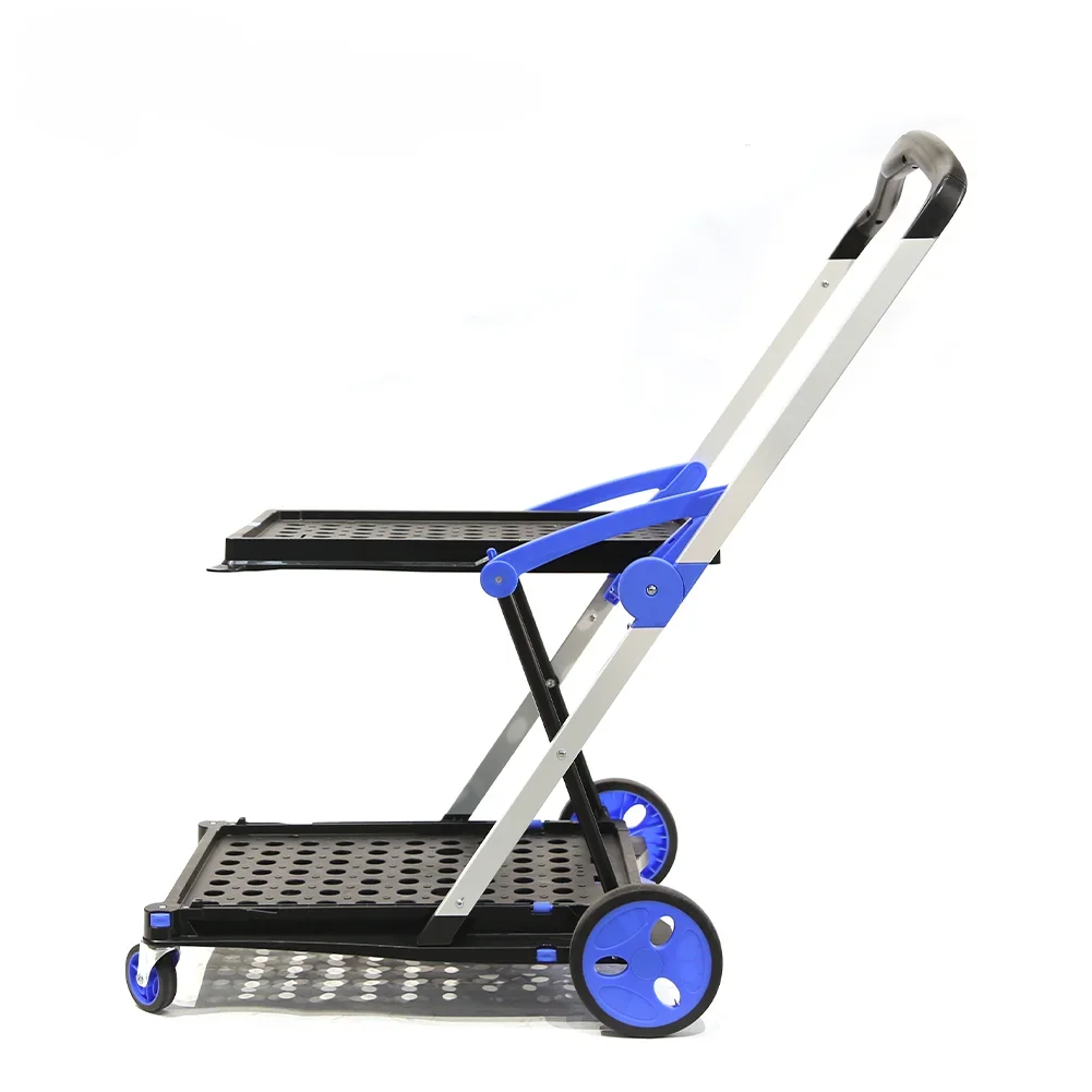 New Product Plastic Collapsible Portable Folding Two Layers Supermarket Grocery Shopping Trolley Cart with Wheels