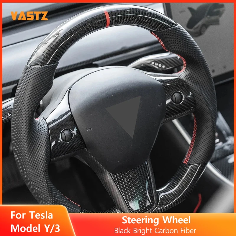 Bright Carbon Fiber Steering Wheel Black Heating Flat Bottom Personalized For Tesla Model Y 3 2017 to 2023 2024 Not For Highland