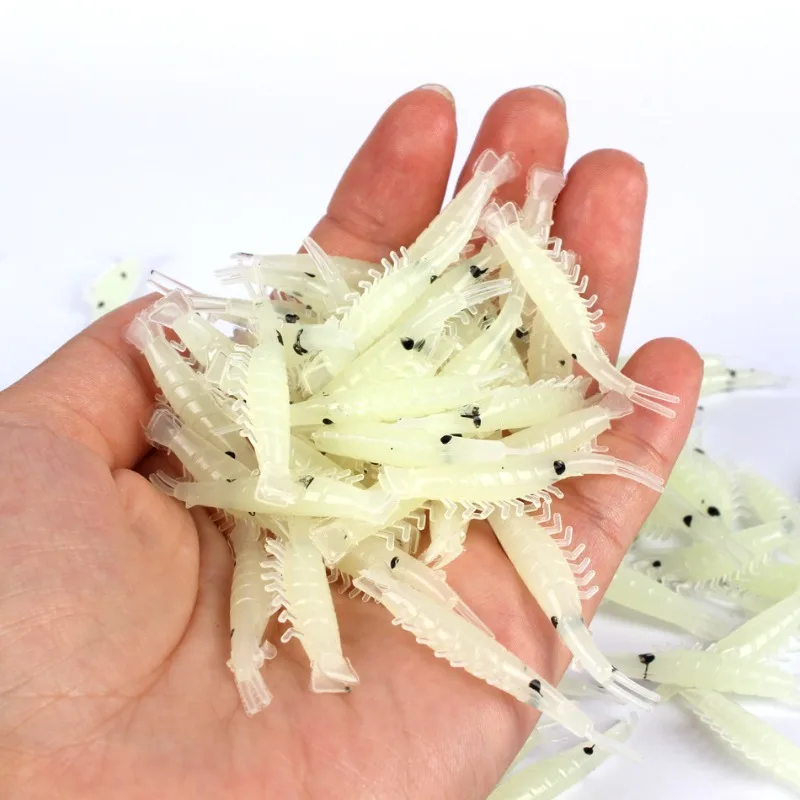 50 قطعة 3 سنتيمتر/4 سنتيمتر إغراء الغارقة ليلة ضوء الروبيان الطعم الناعم تقليد الطعم ل الصليب الفم باس الضحلة الصيد البحري تعويم الطعم