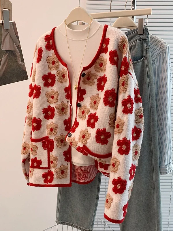 Faionable Retro Knitted Sweater round Ne Open Cardigan Outerwear for plus Size Women Autumn 2025 Embroidered Thiened