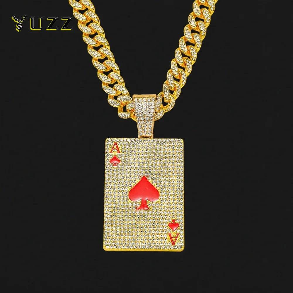 Men Women Hip Hop Poker Pendant Necklace with 13mm Cuban Chain Hiphop Iced Out Red Peach A Necklaces Fashion Punk Jewelry Gifts