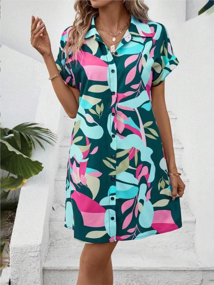 

Women's Sexy Print Shirt Dress 2025 Summer Fashion Lapel Short Sleeve Shirt Single-breasted Dresses Office Lady Party Dress