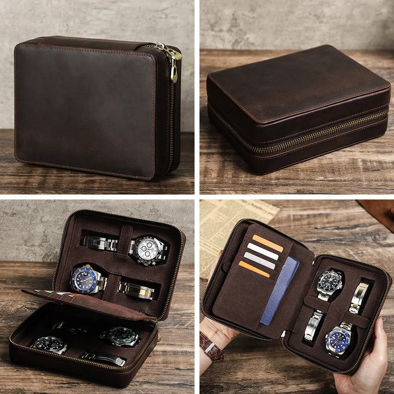 Handcrafted Vintage Crazy Horse Leather Watch Box Rectangular Shape Four Pieces Multi-Card Holder for Outdoor Travel