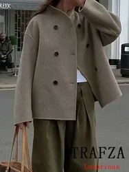 TRAFZA Casual Vintage Chic Płaszcz damski Solidny długi rękaw Dwurzędowy krótki luźny płaszcz Moda 2024 Płaszcz jesienno-zimowy