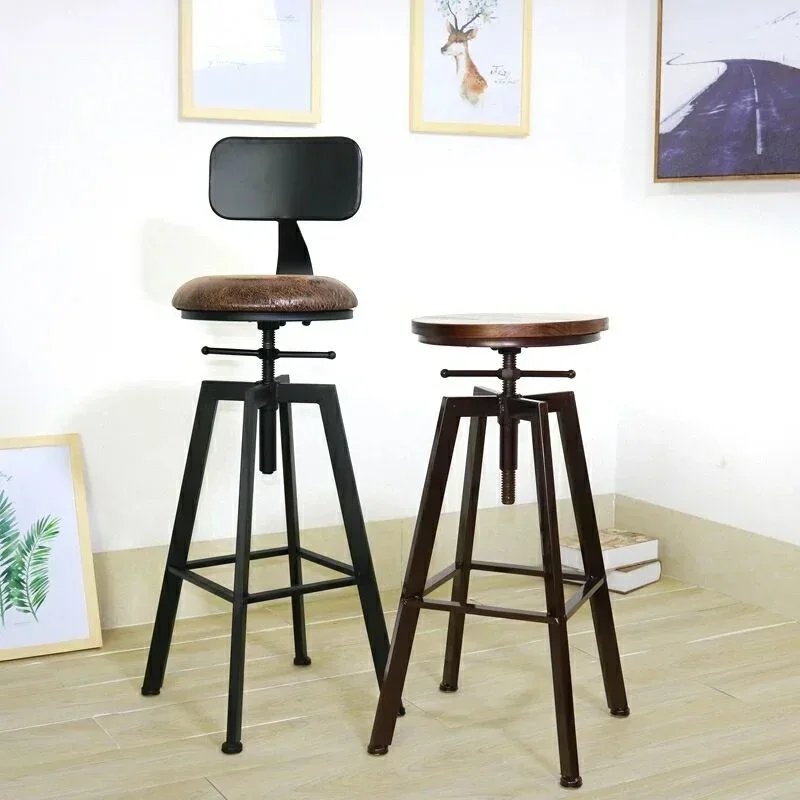 Solid Iron Support Bar Chair Industrial Style Rotary High Stool Domestic Stable Seating Solid Wood Non-Skid Moisture-Proof Chair