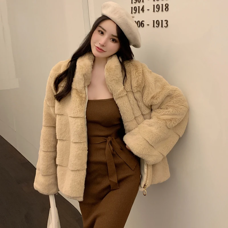 Faux Min Fur Women Coat Zipper Up Long Sleeves Light Warm Korean Fashion Lady Winter Faux Fur Coat