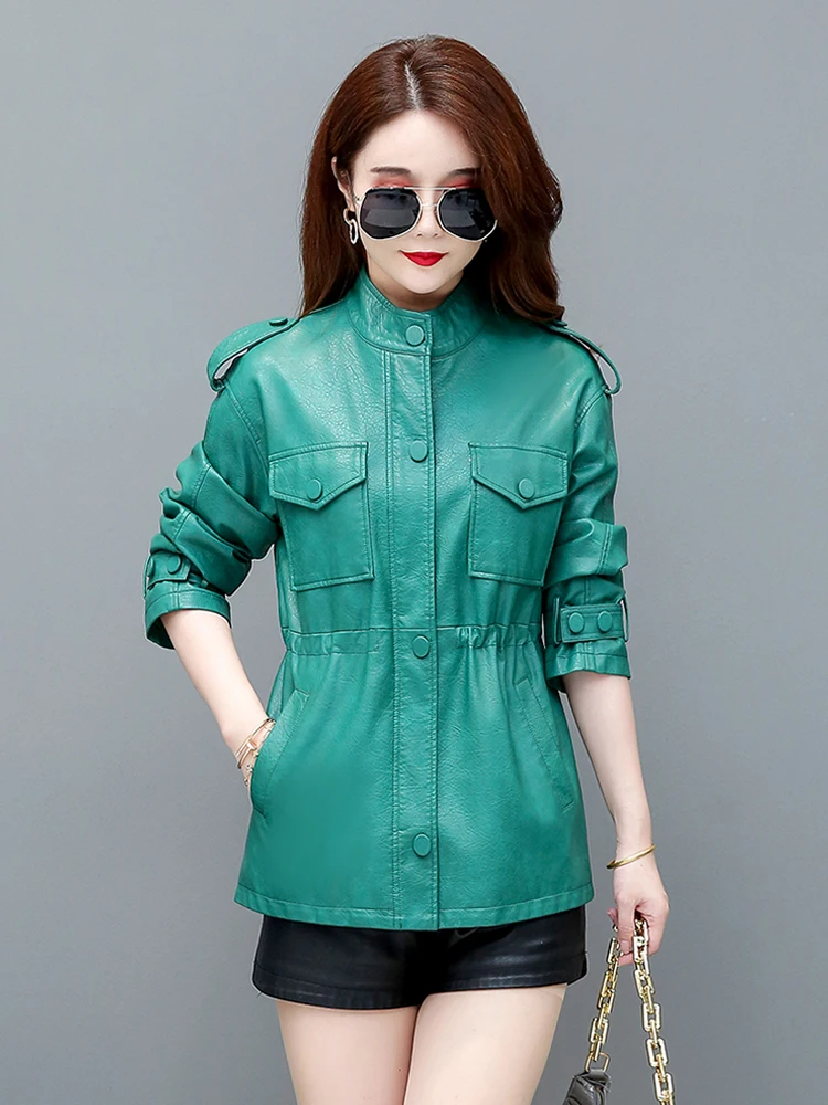 Vrouwen Schapenvacht Jassen 2025, Herfst Koreaanse Losse Elastische Taille Casual Vrouwelijke Lange Mouwen Slim-fit Split Lederen jassen