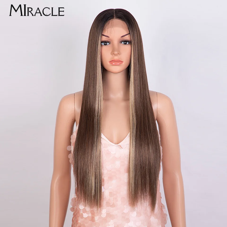 

MIRACLE Straight Lace Wig for Women Synthetic Lace Frontal Wig Ombre Blonde Cosplay Wigs 30Inch Heat Resistant Ginger Fake Hair