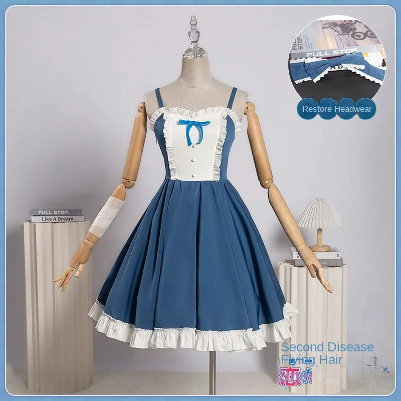 

Anime Love Chunibyo Other Delusions Takanashi Rikka Cosplay Costume Lolita Blue Date Dress Bow Cloak Halloween Girl Uniform Wigs