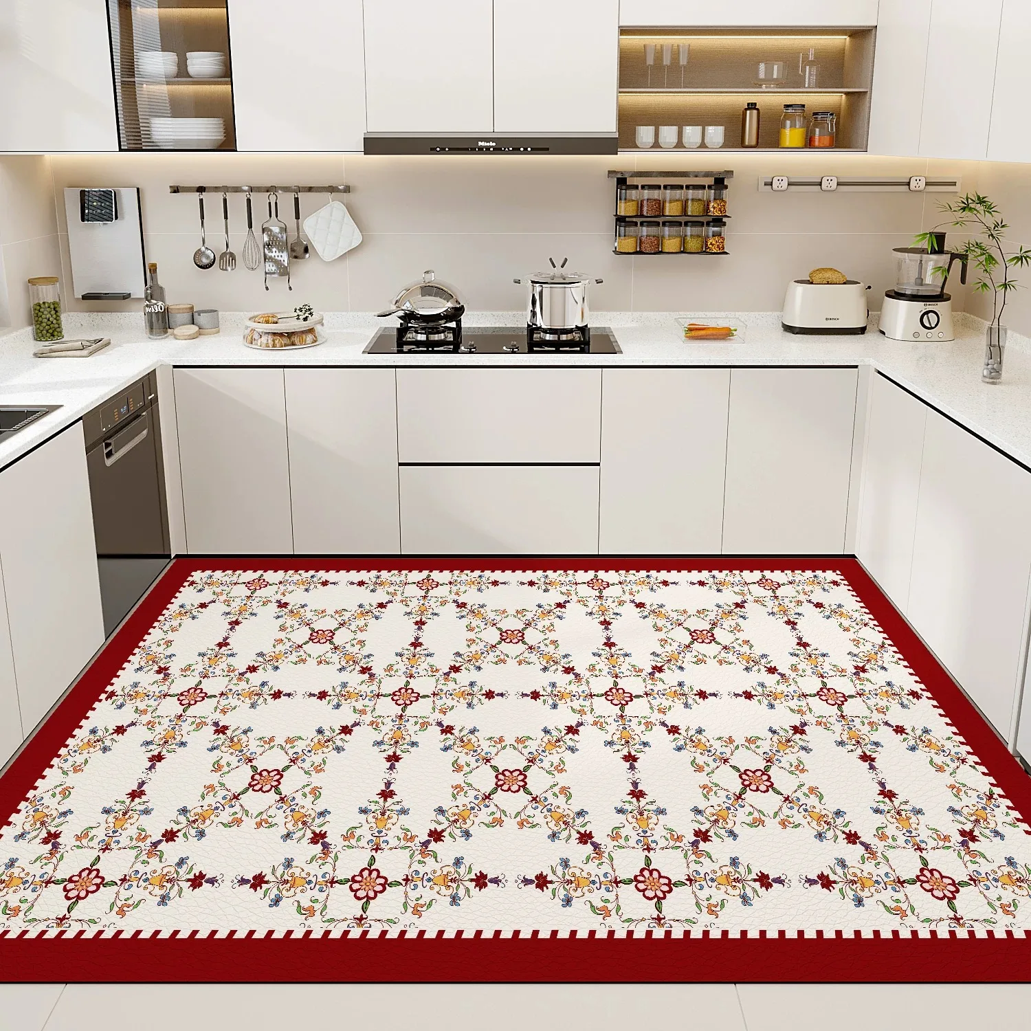 Retro Floral Light Luxury Kitchen Floor Mat Large Area Anti-slip Carpet Dirty Resistant Washable PVC Leather Rug Alfombra Cocina