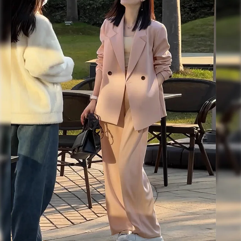 SuperAen Spring and Autumn New Women's Oversize Full Length Wide-leg Pants Pink Notched Loose Blazer Two-piece Sets