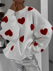 Women Heart Print Sweater Love Valentines Day Knitted Top Cute Graphic Long Sleeve Sweaters Pullover Tops